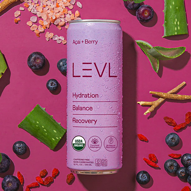 Açaí + Berry can among blueberries, aloe vera, goji berries, ashwagandha root and pink salt on magenta