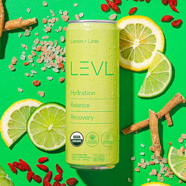 Lemon + Lime can among lemon and lime slices, ashwagandha root, goji berries and pink salt on green