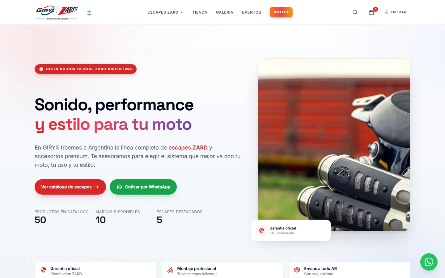 GIRYX online store homepage in Spanish, for motorcycle exhaust systems, with product and WhatsApp buttons.