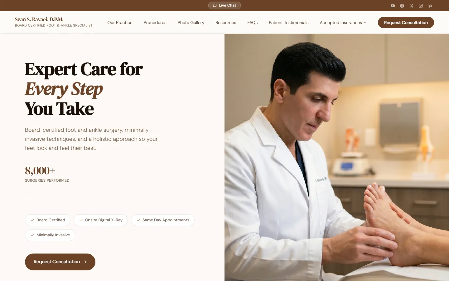 Dr. Sean Ravaei's redesigned homepage: warm cream layout with the headline Expert Care for Every Step You Take and a consultation button.