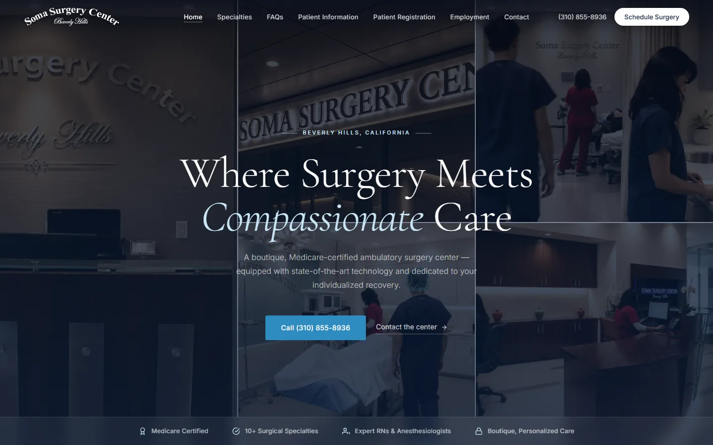 After: the redesigned homepage, a dark photographic hero with the headline Where Surgery Meets Compassionate Care and a call button.